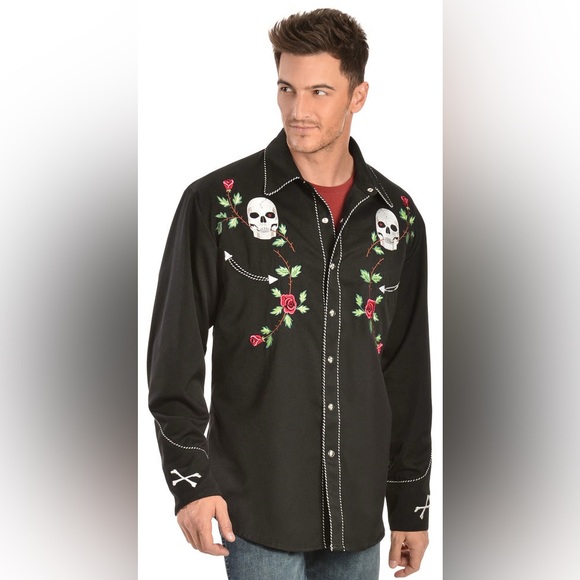 Scully Other - Vintage Scully Skull Rose Western Embroidered Pearl Snap Black Button Up Size L